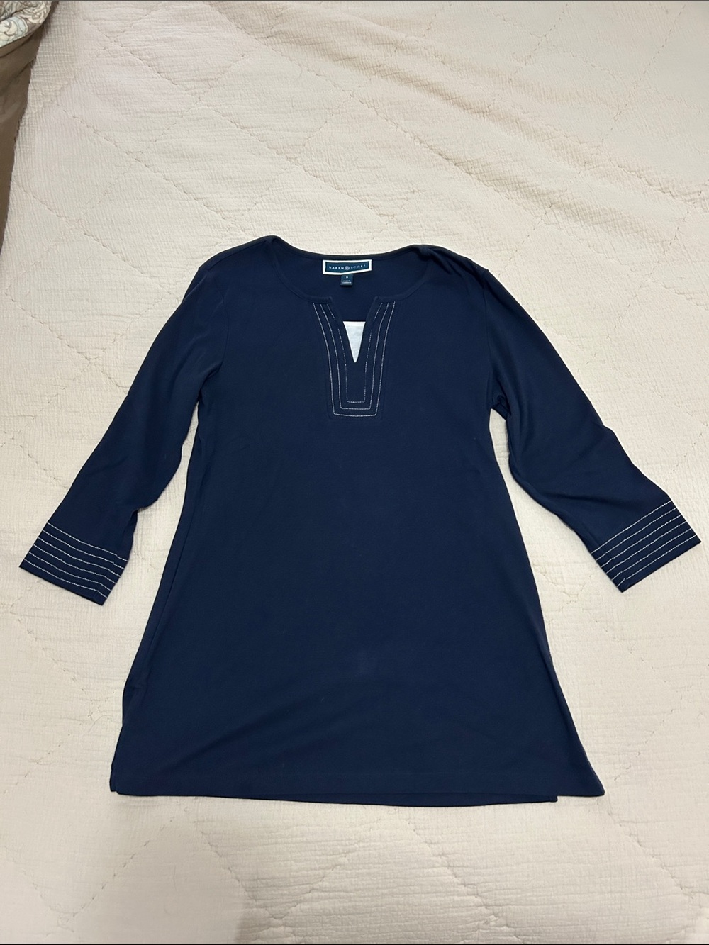 Karen Scott Navy Tunic with White Contrast Stitching
